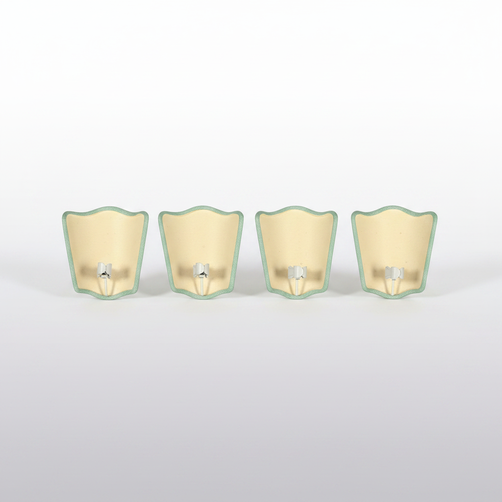 Four matching wall-mounted sconces arranged in a row on a light gray background. Each sconce has a pale cream interior and a mint green outer frame, with a small silver metal fixture at the bottom.