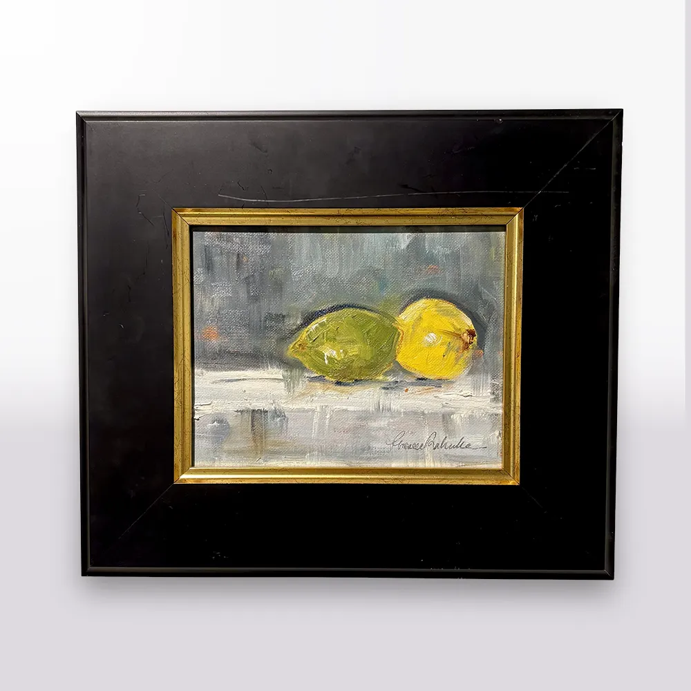 Framed Oil by France Ruhnke, Les Agrumes - Citron Jaune Et Citron Vert Sur Fond Gris