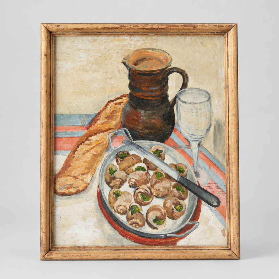 French 1960s Oil on Board, Painting of Escargot