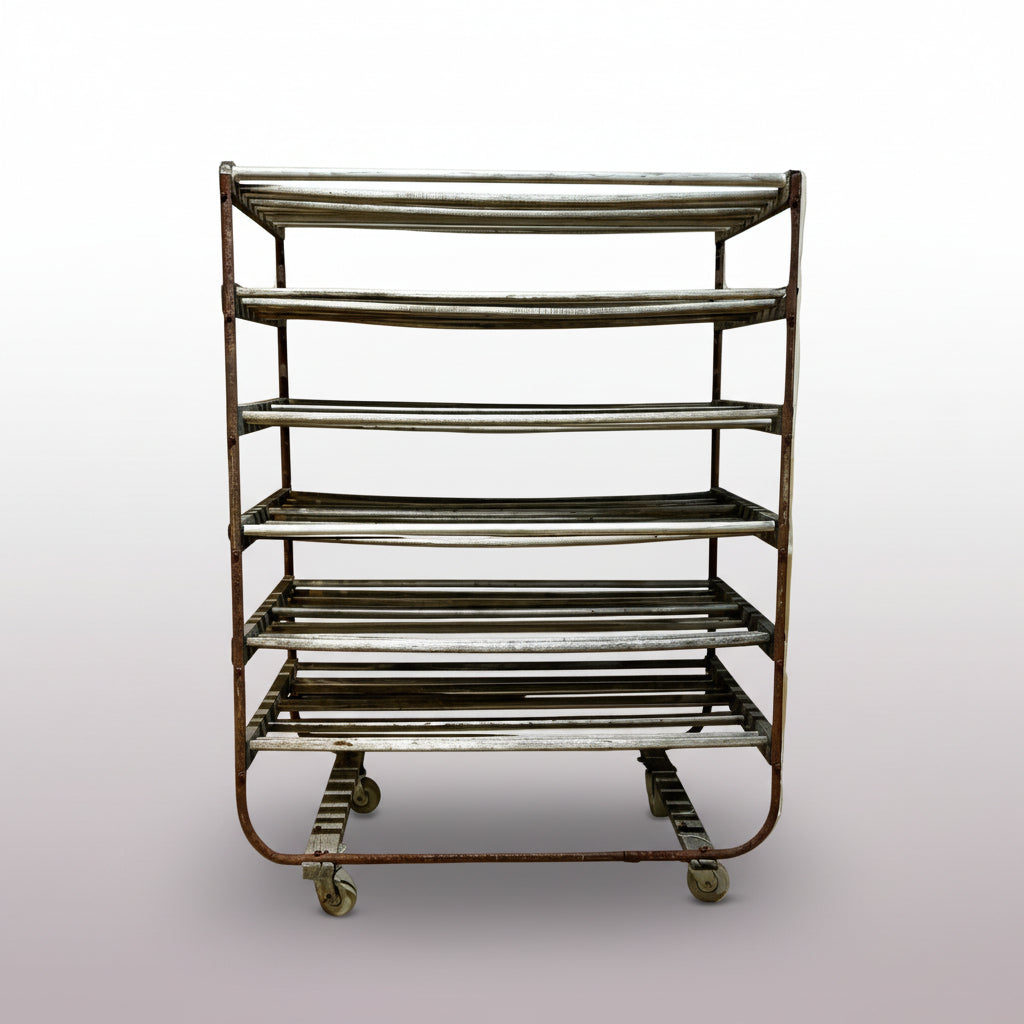 A vintage industrial rolling rack with multiple curved metal shelves on casters, photographed against a plain off-white wall and concrete floor.