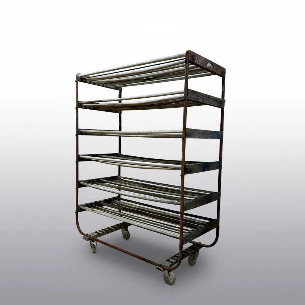 A vintage industrial rolling rack with multiple curved metal shelves on casters, photographed against a plain off-white wall and concrete floor.