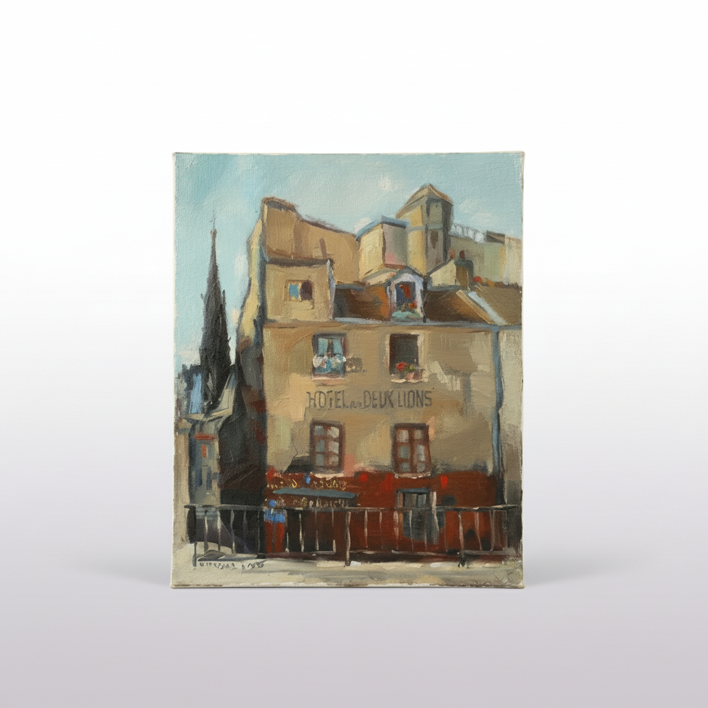 A vertical canvas painting of a European building facade with the sign 'HOTEL.