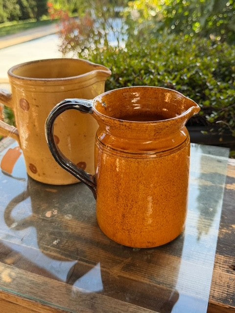 French 1800s Red Orange Dieulefit Pitcher w/ Black Handle