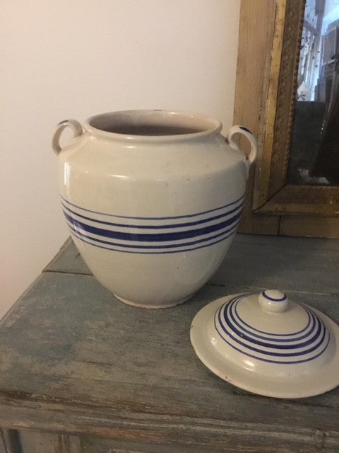 Rare White & Blue Striped Confit Pot w/ Lid
