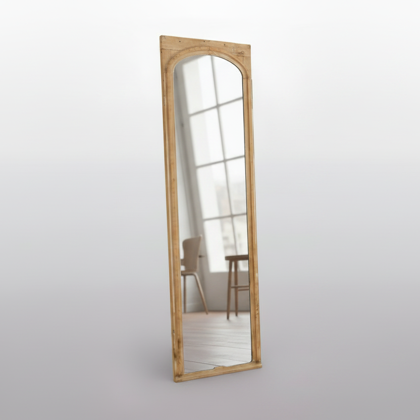 A long rectangular wall mirror with an ornate gold-toned frame, shown hanging on a white wall in a room with bookshelves and furniture visible around it.