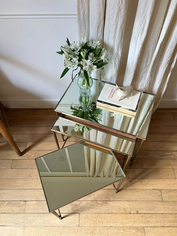 French 1970s Rare Set of Nesting Tables w/ Mirrored Tops