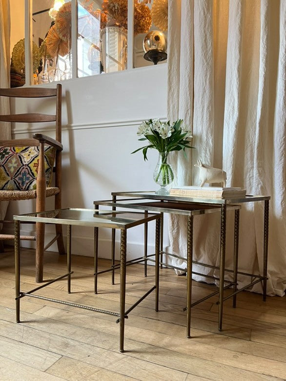 French 1970s Rare Set of Nesting Tables w/ Mirrored Tops