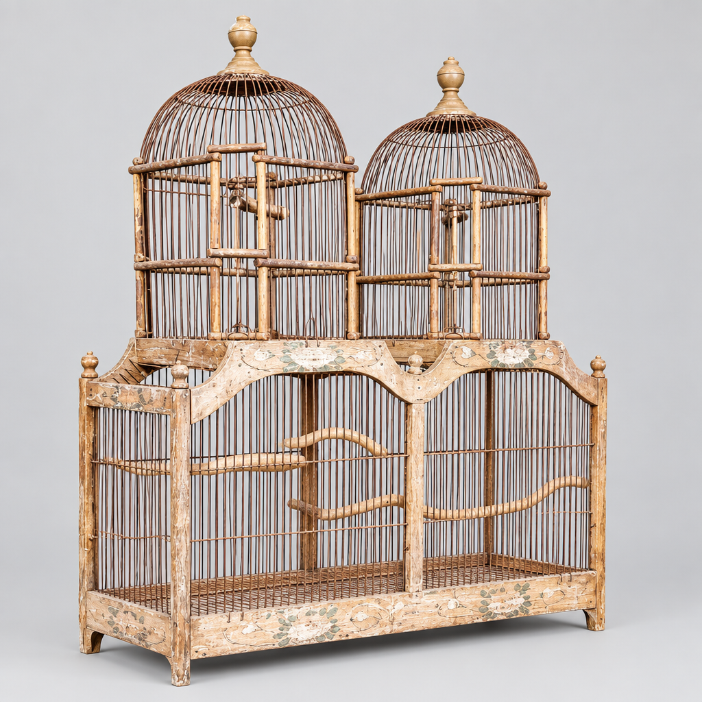 Large wooden birdcage with intricate design in an outdoor setting