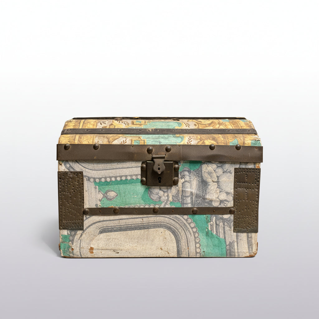 A vintage-style trunk or chest made from repurposed printed fabric panels, featuring distressed brown leather-look straps and metal hardware, set against a dark gray background.