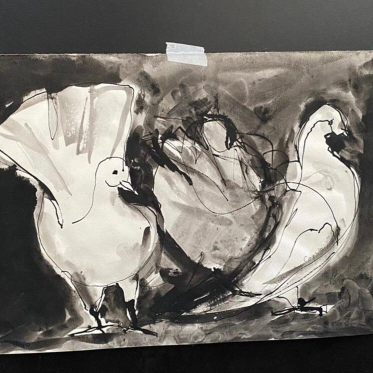 Series of 5 Framed Black & White Ink and Watercolor Chickens, Sold individually