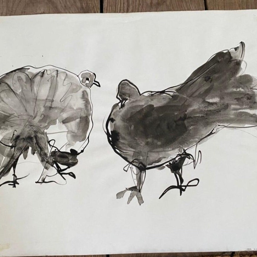 Series of 6 Framed Black & White Ink and Watercolor Chickens