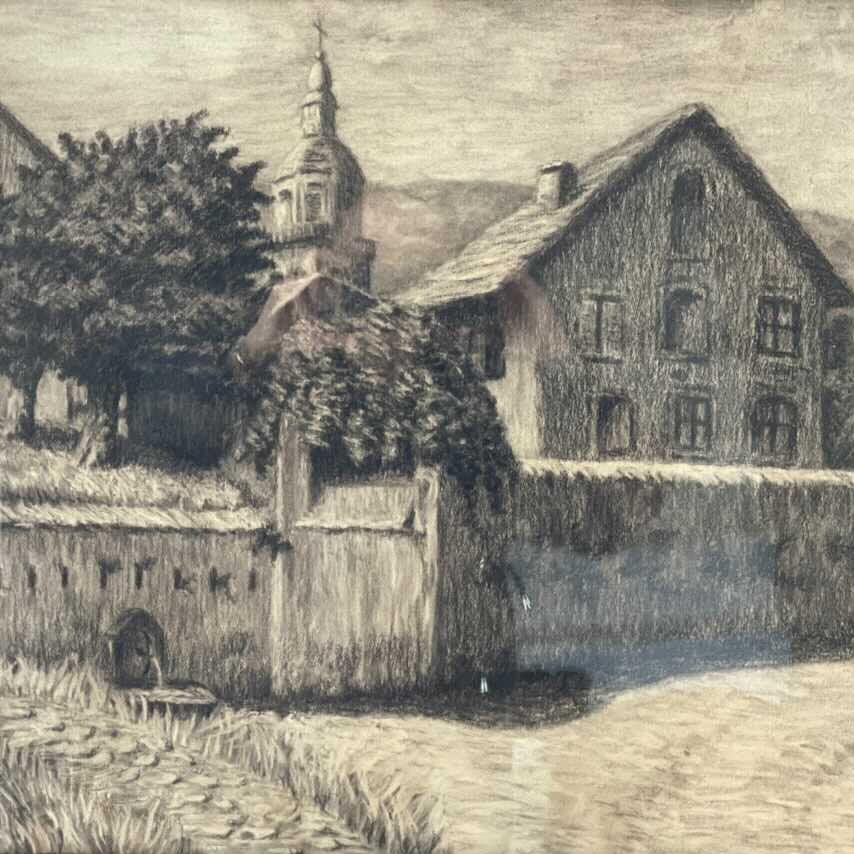 Framed Pencil Drawing of Village Walls