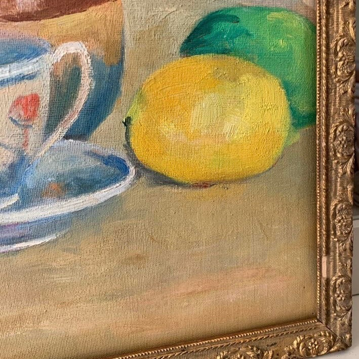 1940s Still Life Canvas on Board - Jug with Fruit