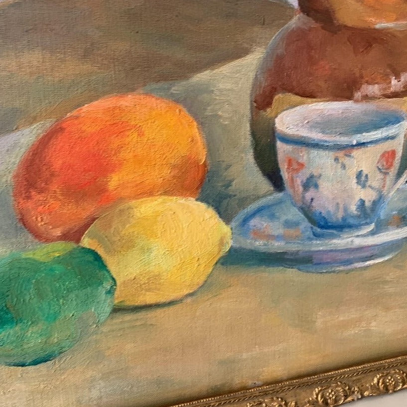 1940s Still Life Canvas on Board - Jug with Fruit