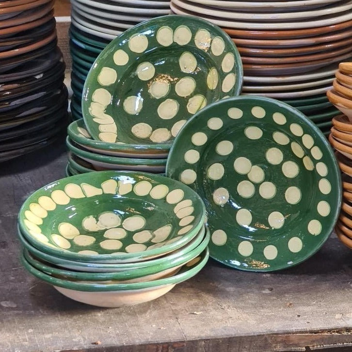 Dark Green and Cream Polka Dot Deep Plates