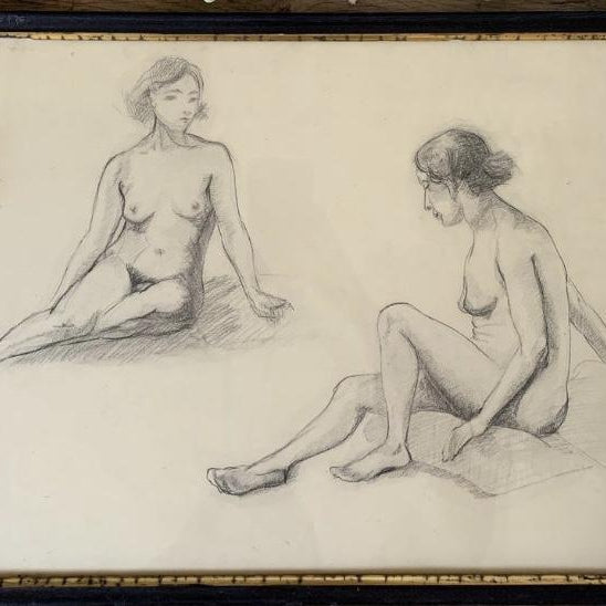 Framed Pencil Drawing Two Nudes