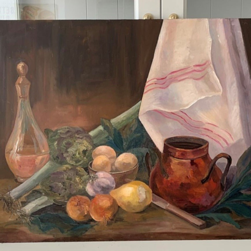 Unframed Oil on Board - Kitchen Still Life with Red Stripe Napkin