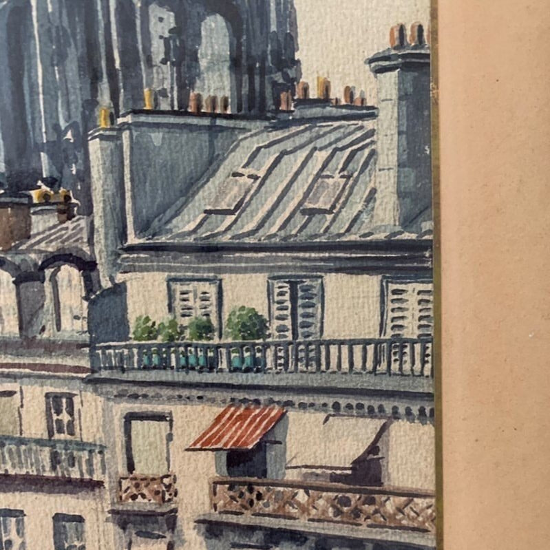 Framed Watercolor - View of St. Jacques Tower in Paris