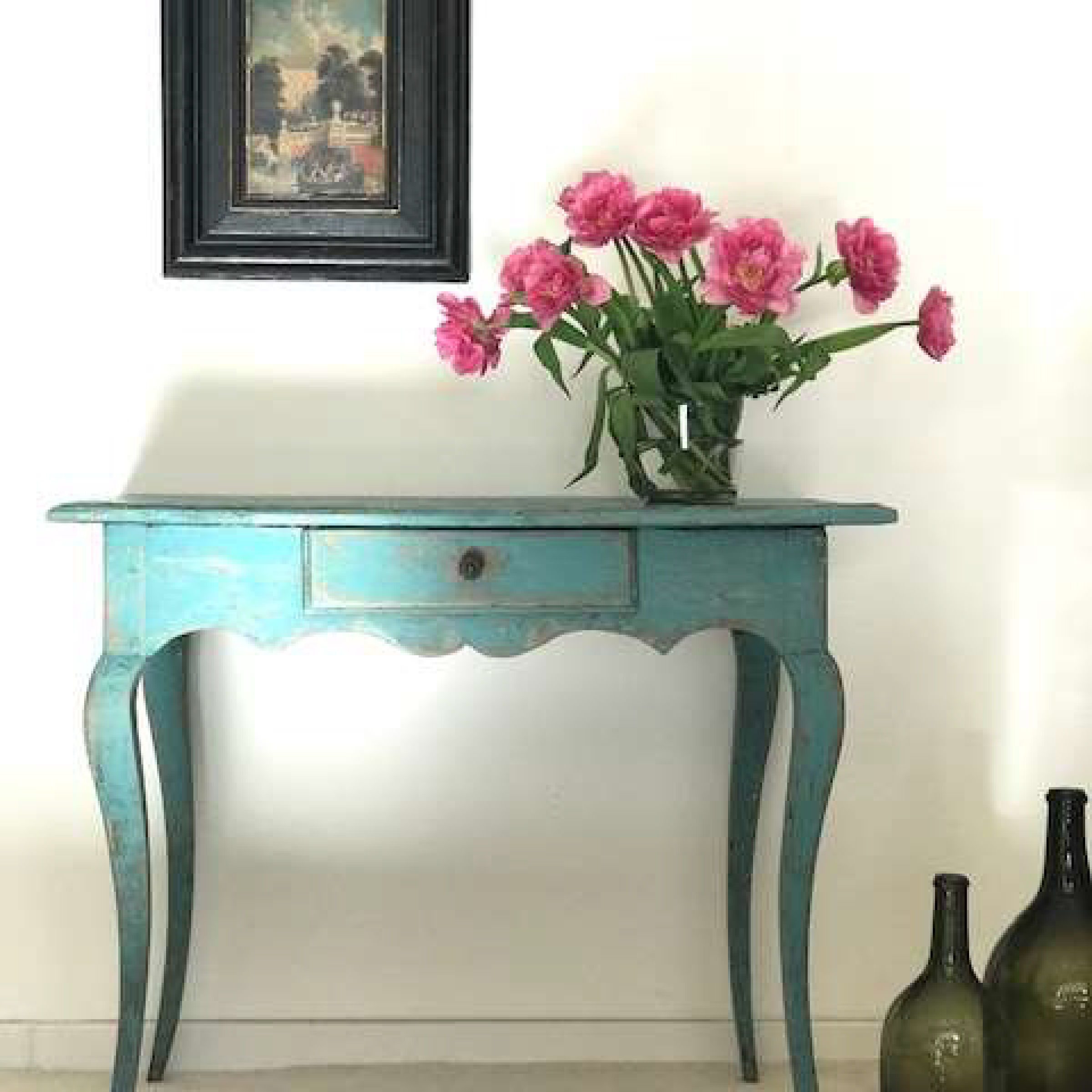 French 1850 Blue Table with Graceful Legs