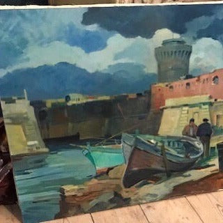 Large Unframed Oil on Canvas, Port in Lavorno