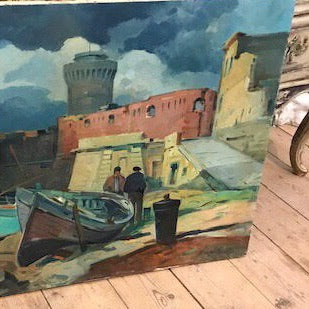Large Unframed Oil on Canvas, Port in Lavorno