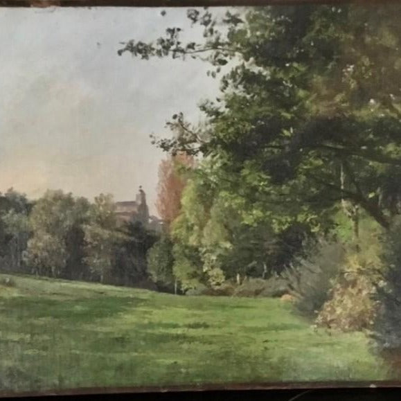 Unframed Oil on Board - Landscape with a Church in Background