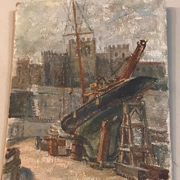 Small Unframed Oil on Canvas of a Shipyard