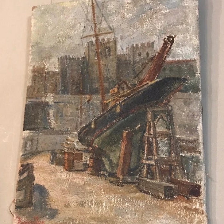 Small Unframed Oil on Canvas of a Shipyard