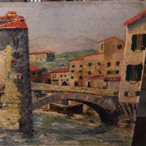 Unframed Oil on Board - Perpignan with Pyrenees in Background