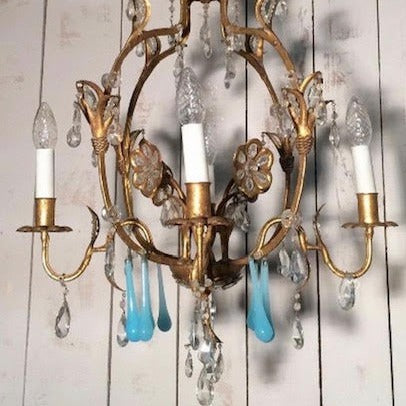 1930s Gold Chandelier with Pale Blue Crystals