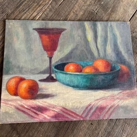 Oil on Board - Oranges with Blue Bowl Wine Goblet