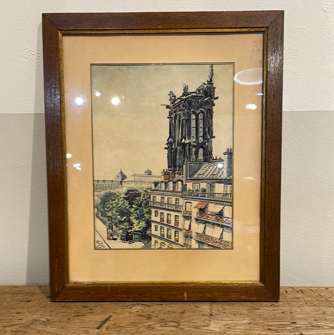 Framed Watercolor - View of St. Jacques Tower in Paris