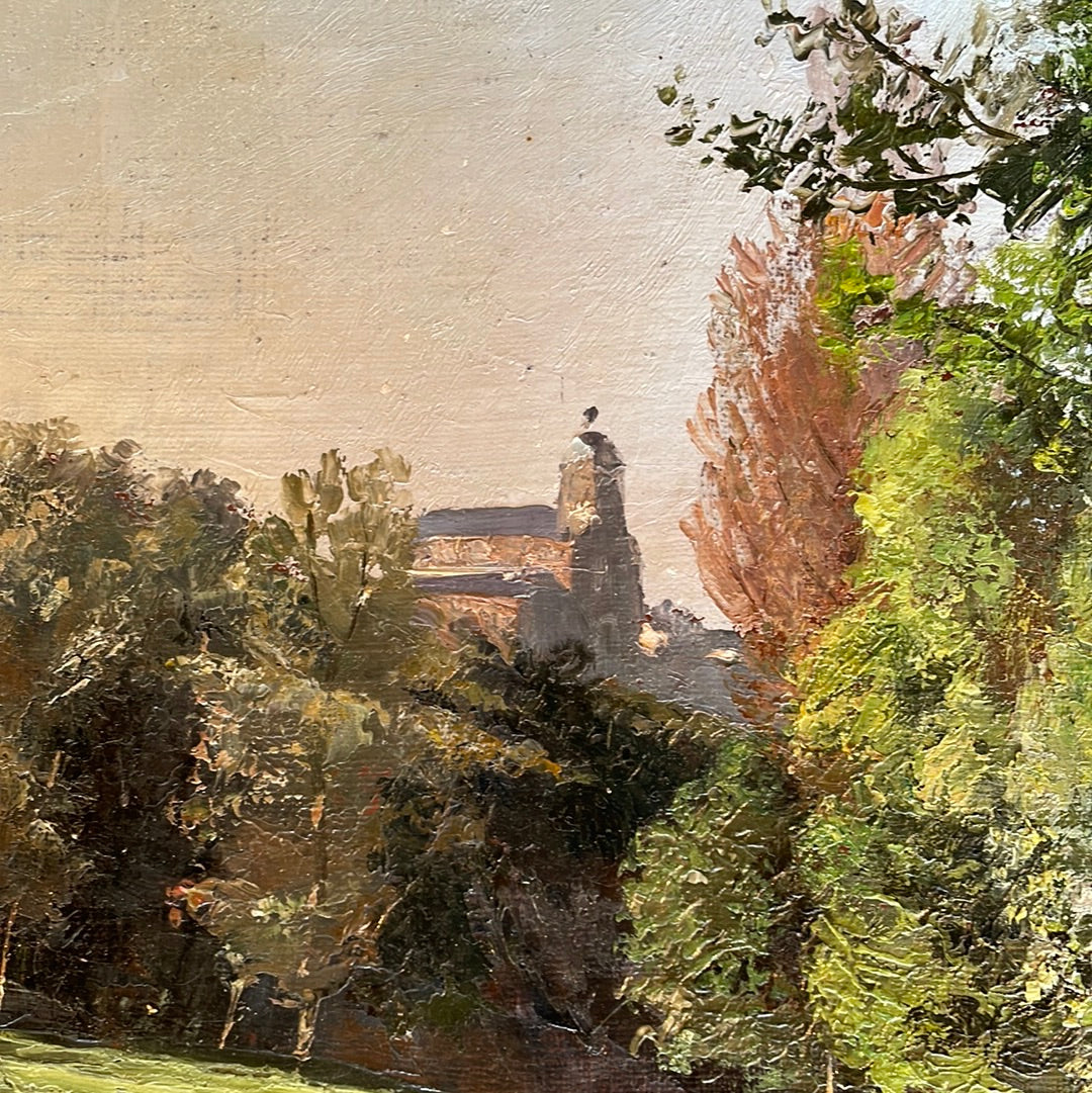 Unframed Oil on Board - Landscape with a Church in Background