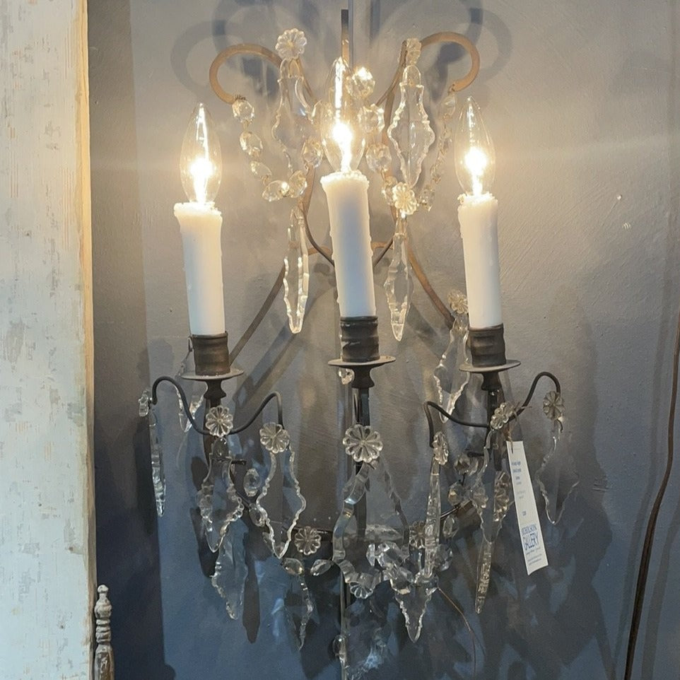 1915 Pair of Large 3-light Bronze & Crystal Sconces