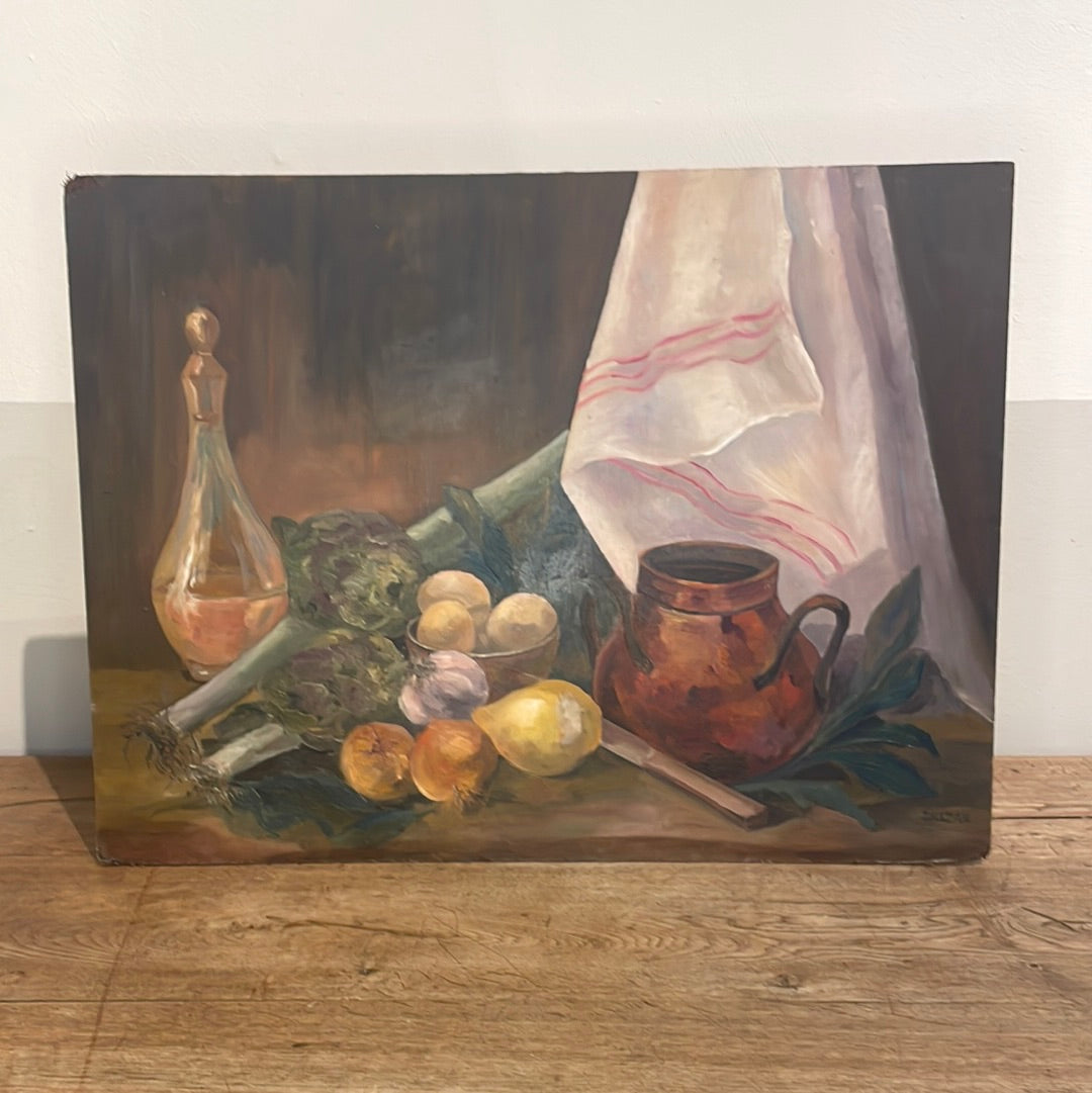 Unframed Oil on Board - Kitchen Still Life with Red Stripe Napkin