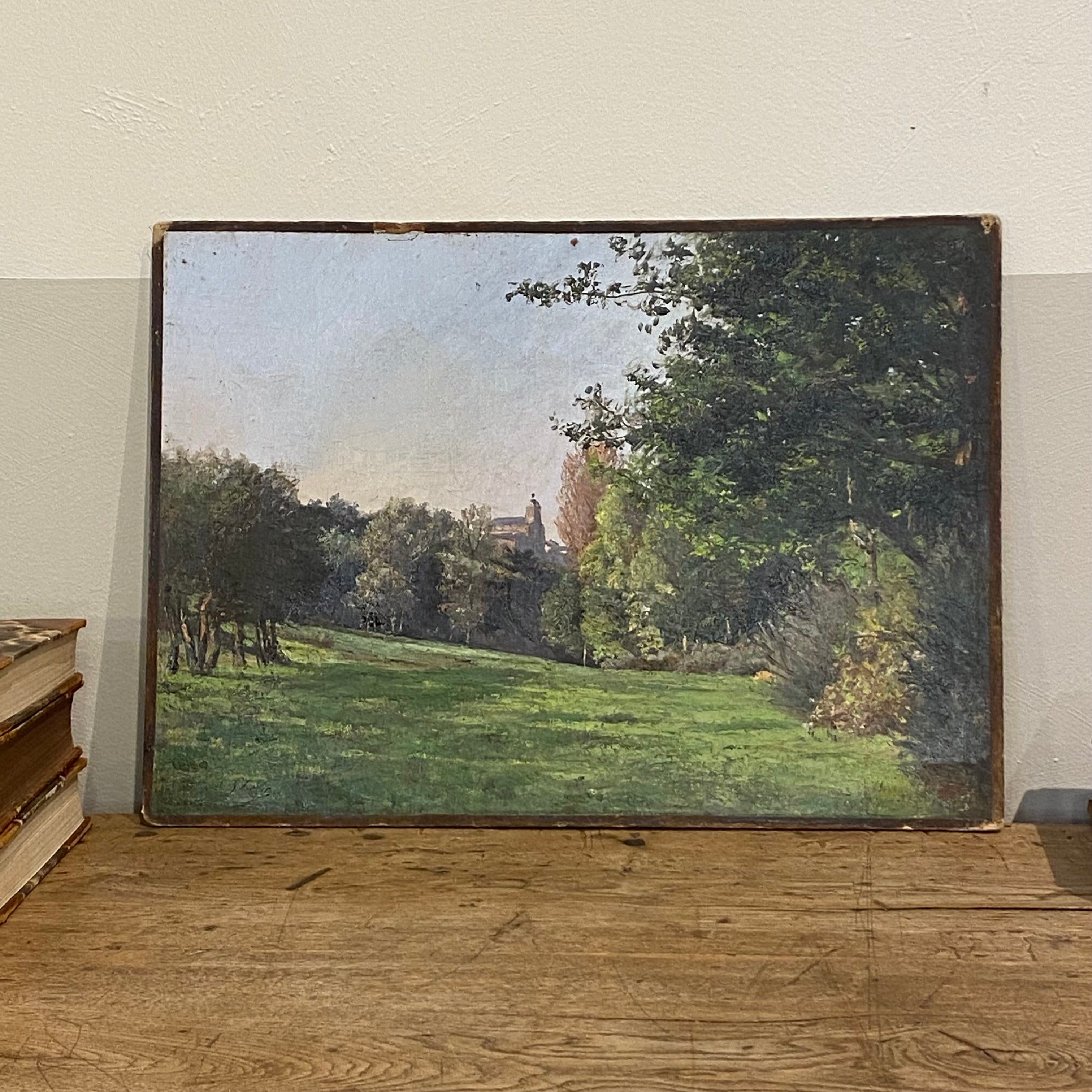 Unframed Oil on Board - Landscape with a Church in Background