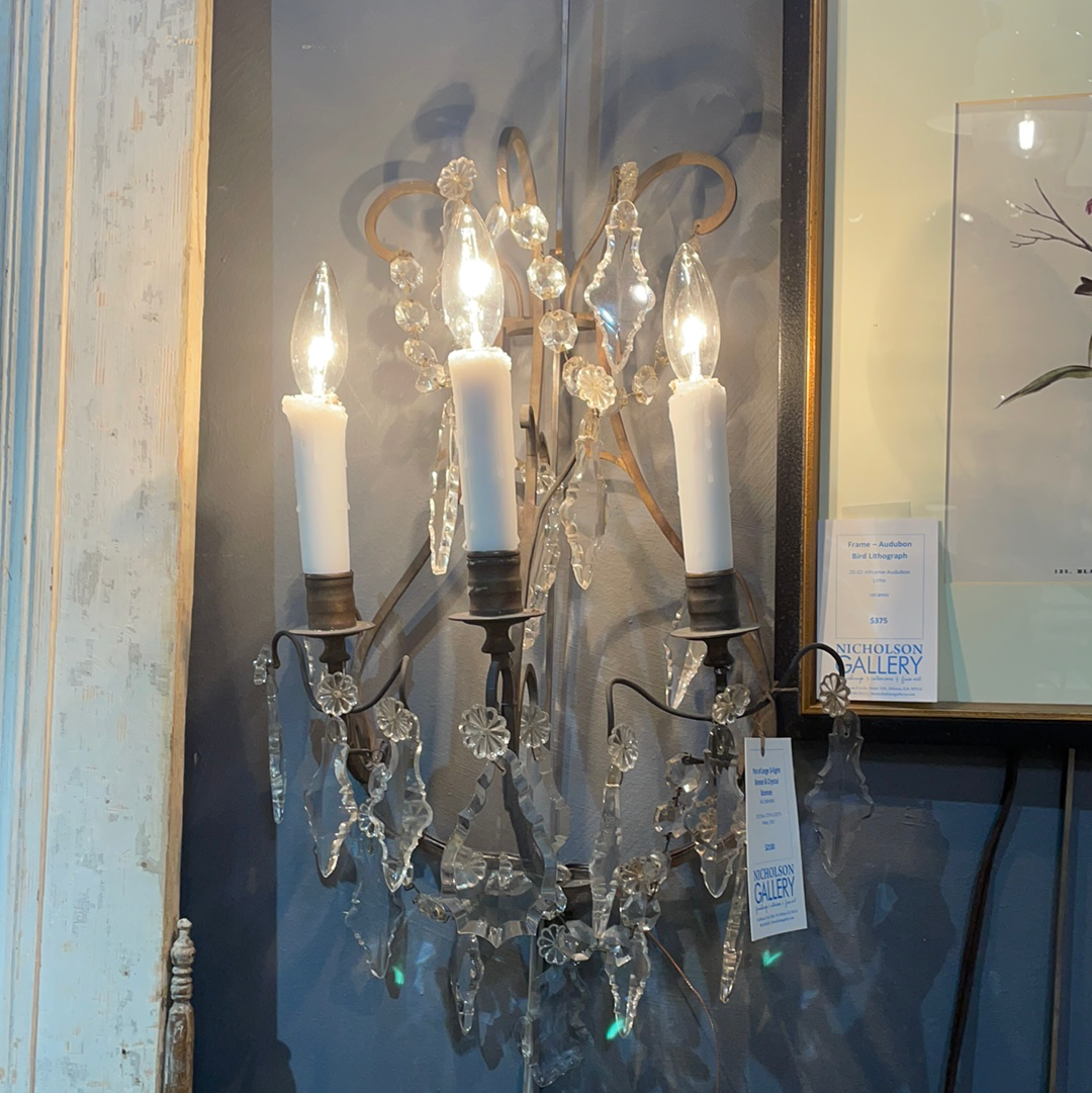 1915 Pair of Large 3-light Bronze & Crystal Sconces