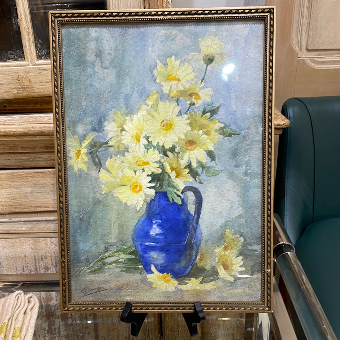 Framed Watercolor - Yellow Daisies Blue Vase