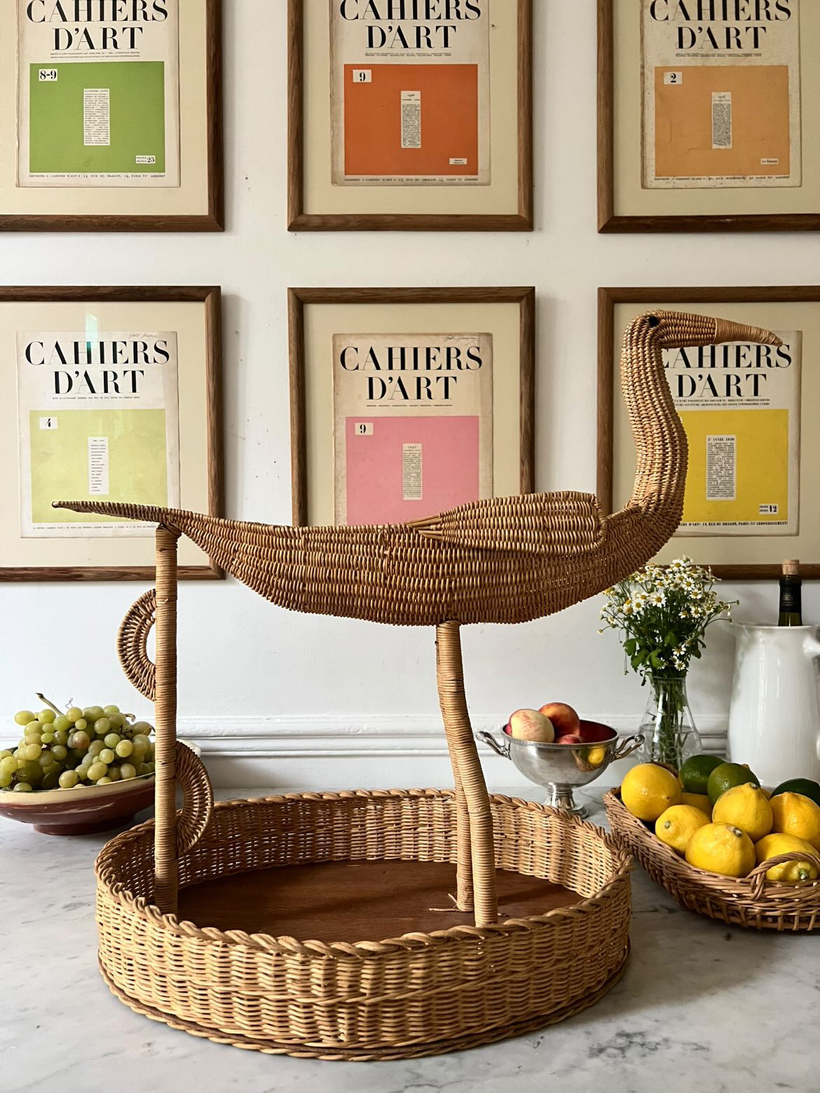 Handmade French 1960s Rattan Bird Fruit Basket