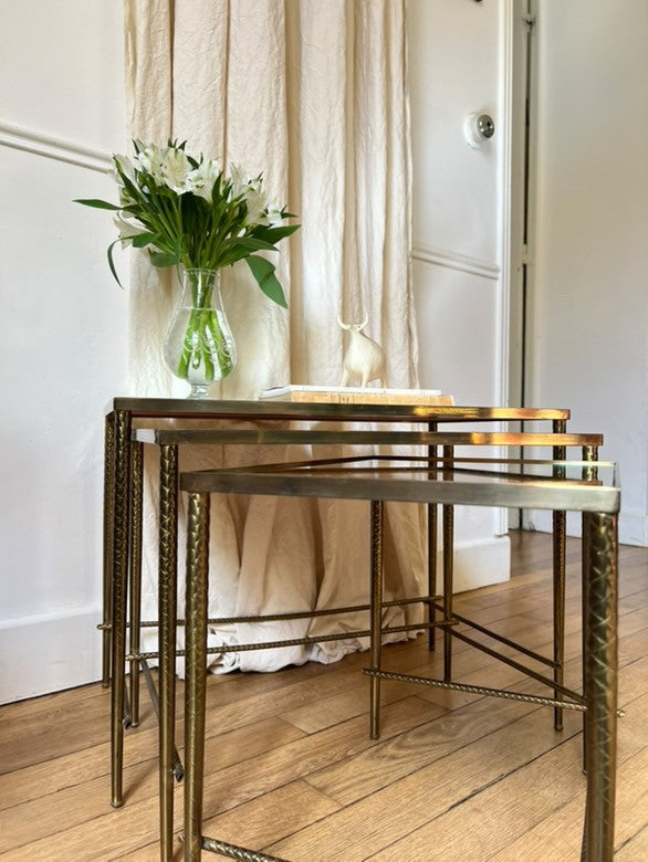 French 1970s Rare Set of Nesting Tables w/ Mirrored Tops