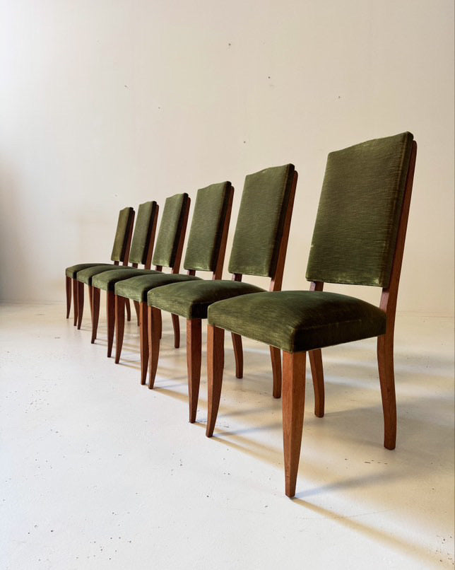 Vintage Oak & Green Velvet Dining Chairs