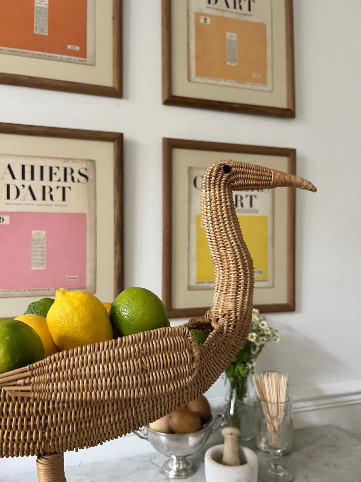 Handmade French 1960s Rattan Bird Fruit Basket
