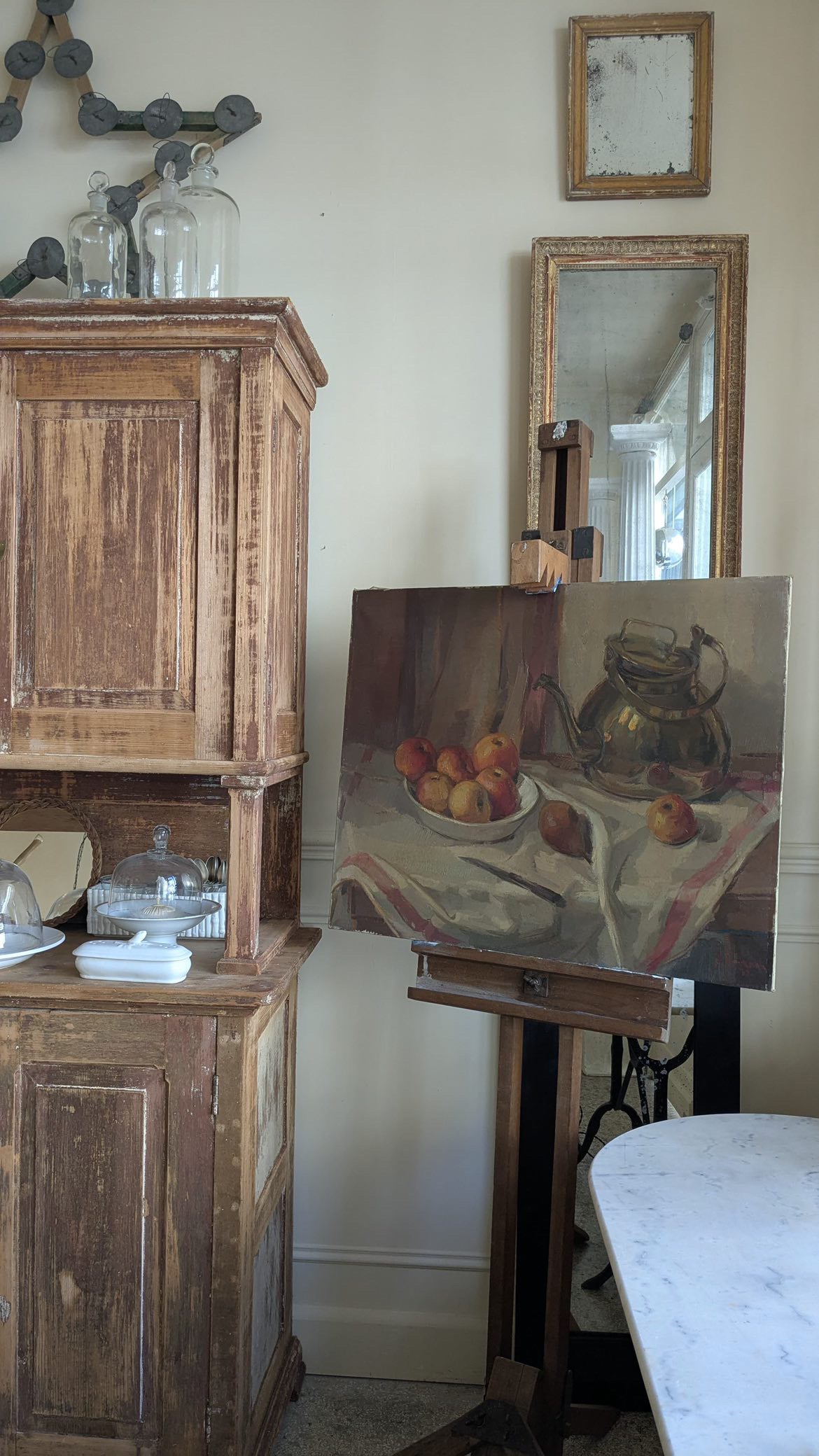 French 1940s Oil on Canvas Tea Kettle and Apples, Signed
