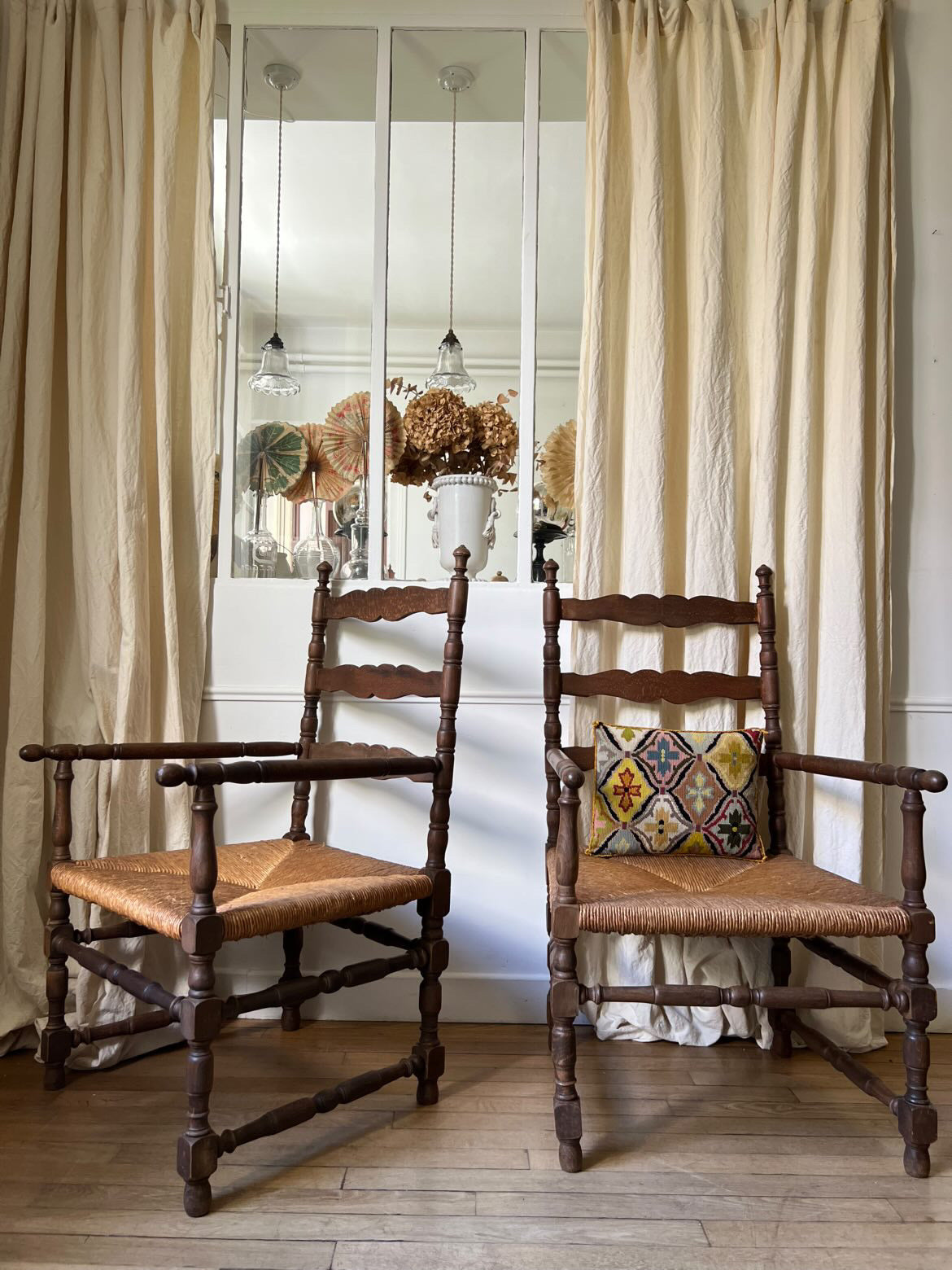 French 1940's Rush Seat Provencal Armchairs