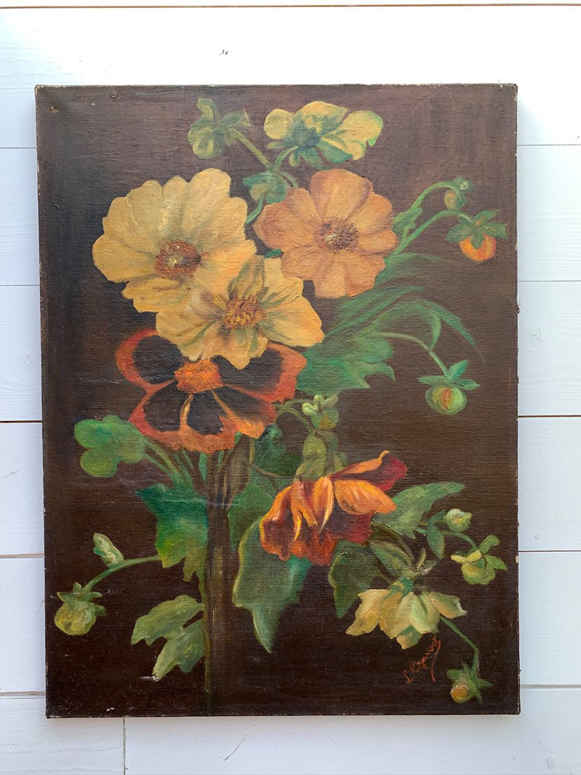 1951 French Signed Oil on Canvas - Poppy Bouquet