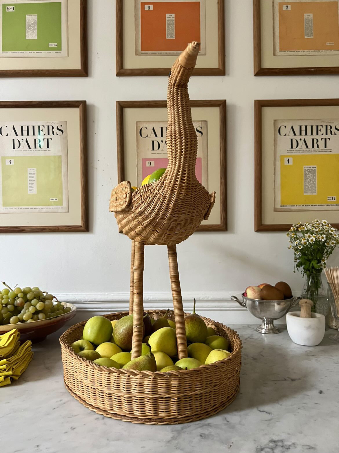 Handmade French 1960s Rattan Bird Fruit Basket