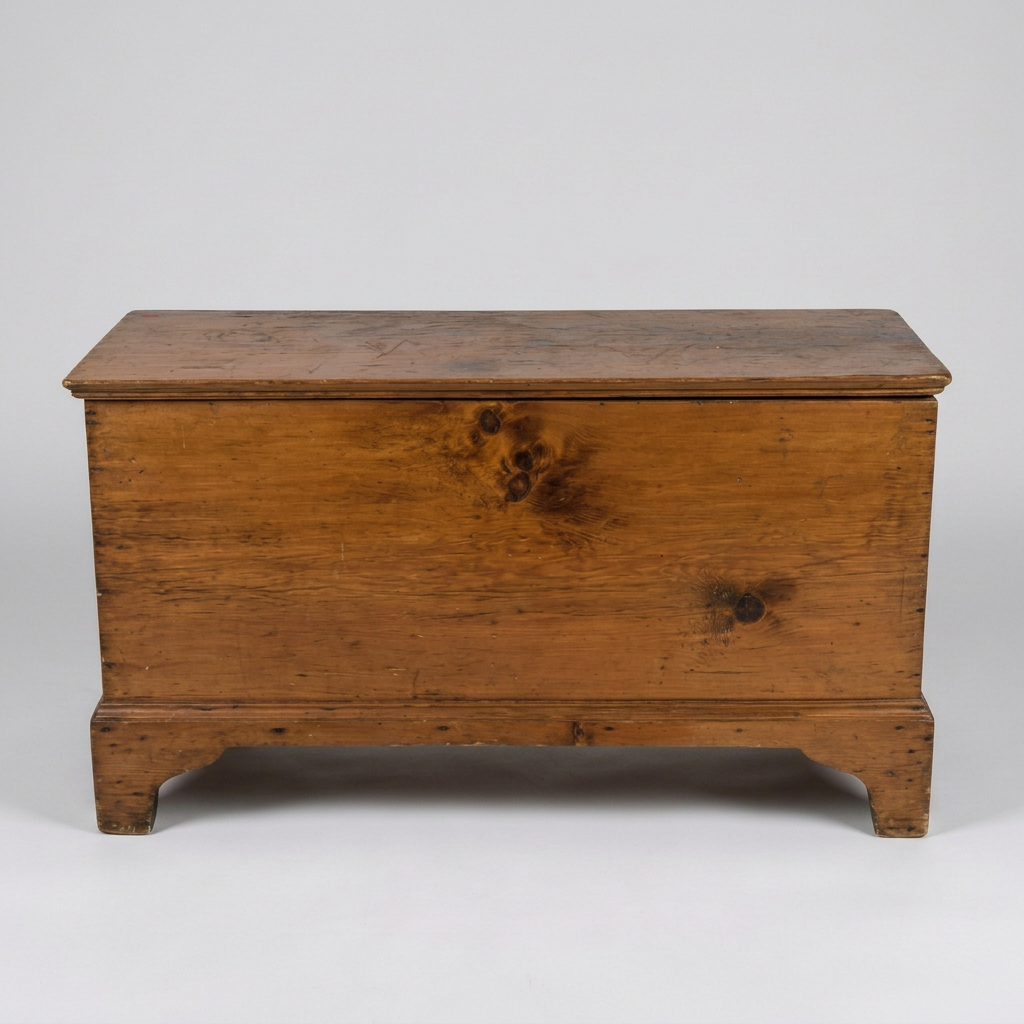 An antique wooden chest or trunk with a hinged lid, shown against a plain white background.