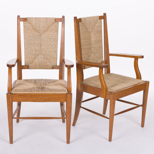 Pair of 1950's Rush Arm Oak Chairs