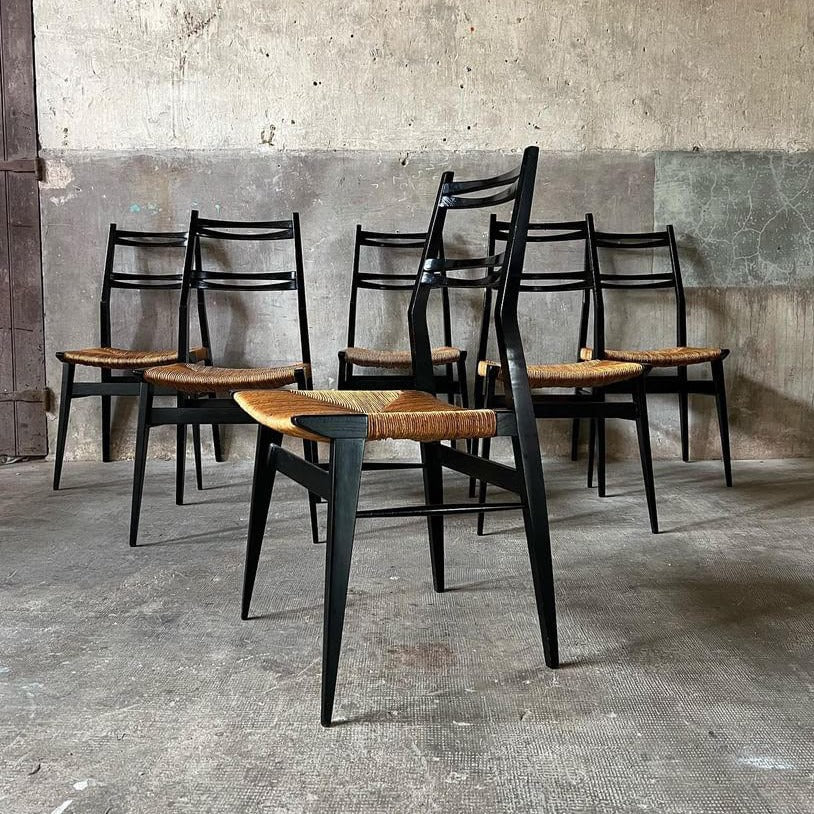 Pair of Alfred Hendrix Black Lacquer Dining Chairs with Rush Seats