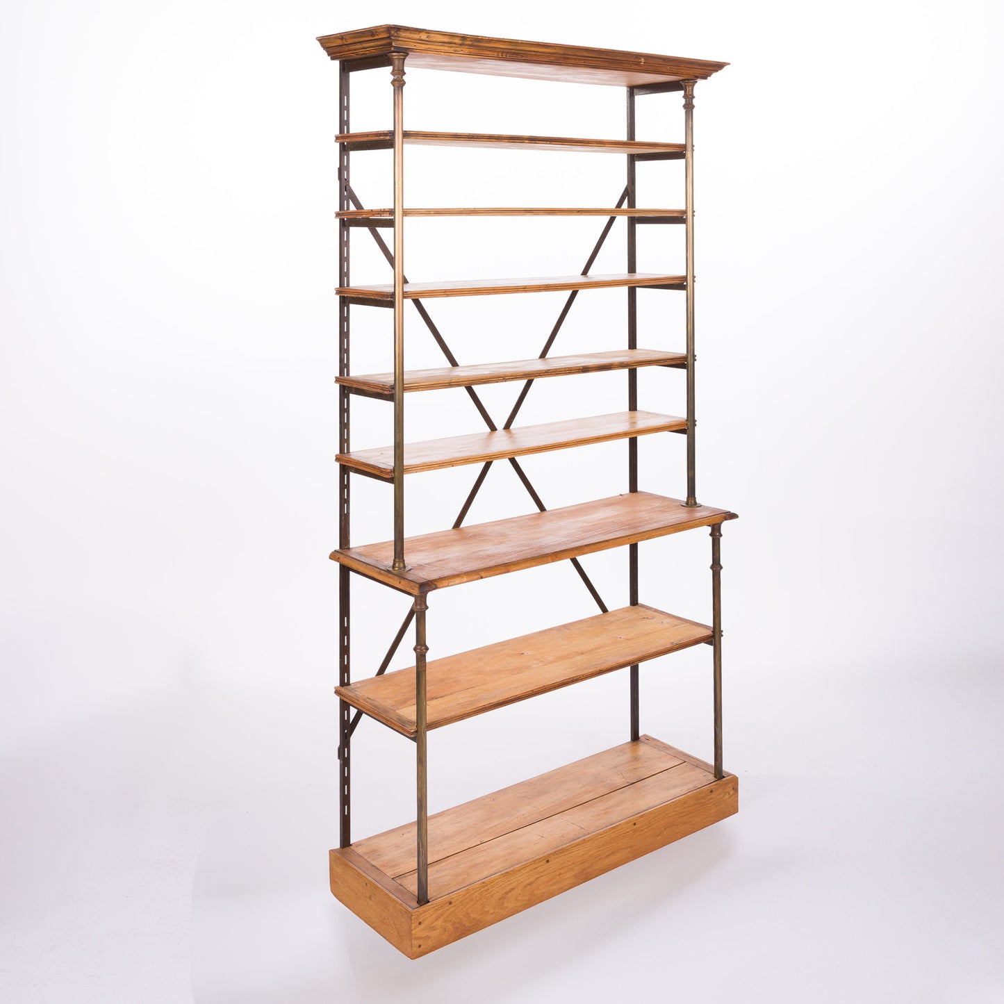 Open Bookcase with Wood Shelves and Brass Supports
